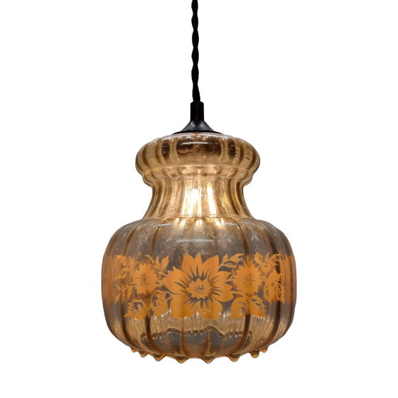 Image 1 of Vintage Glazen Hanglamp Met Bloemen