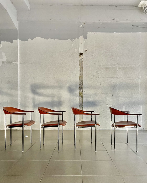 Image 1 of 4X Vintage Fasem Leren P40 Stoelen Door Vegni & Gualtierotti