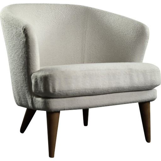 Vintage lage fauteuil in eiken en stof, 1960