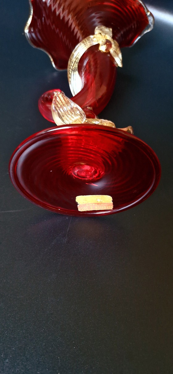 Image 1 of 60'S Murano glazen cornucopia vaas met gouden bladeren