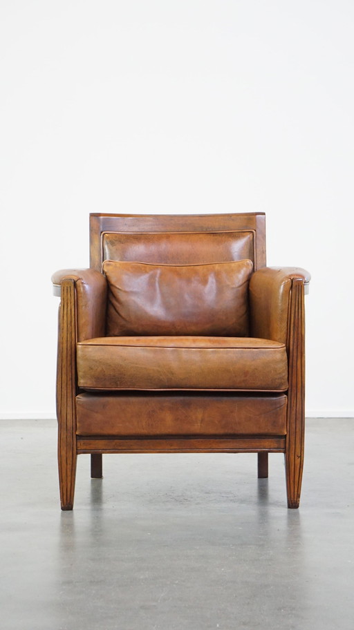 Schapenleren Art Deco Armchair Met Sierkussen