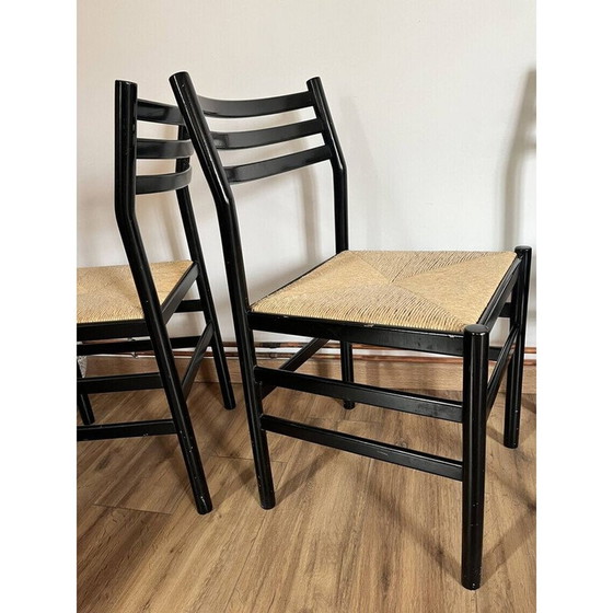 Image 1 of Set van 4 vintage stoelen van zwart gelakt hout en touw, Italië 1970