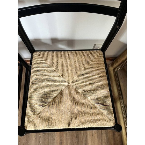 Image 1 of Set van 4 vintage stoelen van zwart gelakt hout en touw, Italië 1970