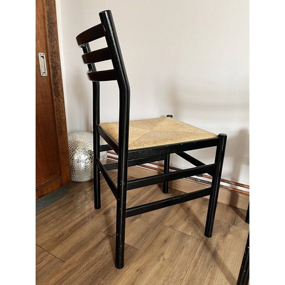 Image 1 of Set van 4 vintage stoelen van zwart gelakt hout en touw, Italië 1970