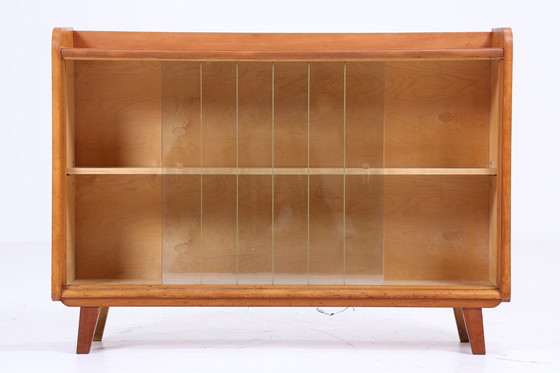 Image 1 of Vintage glazen ladekast 60s Mid Century vitrinekast hal consolekast antiek retro 70s hout bruin