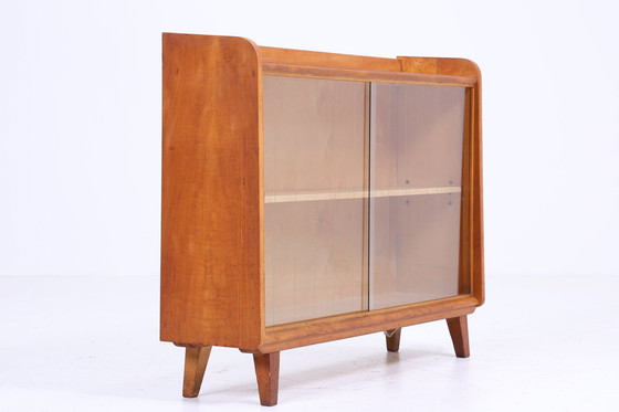 Image 1 of Vintage glazen ladekast 60s Mid Century vitrinekast hal consolekast antiek retro 70s hout bruin