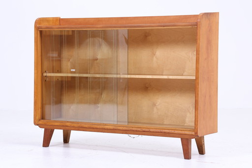 Vintage glazen ladekast 60s Mid Century vitrinekast hal consolekast antiek retro 70s hout bruin