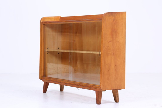 Image 1 of Vintage glazen ladekast 60s Mid Century vitrinekast hal consolekast antiek retro 70s hout bruin