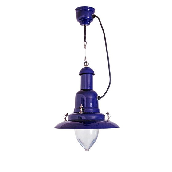 Image 1 of Vintage industriële hanglamp van blauw geëmailleerd canvas