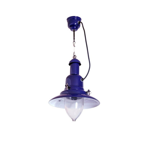 Image 1 of Vintage industriële hanglamp van blauw geëmailleerd canvas