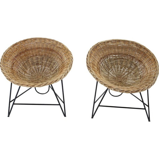 Paar vintage gevlochten rotan stoelen met haarspeldpoten, Duitsland 1960