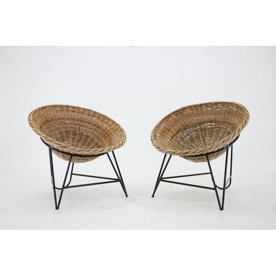 Image 1 of Paar vintage gevlochten rotan stoelen met haarspeldpoten, Duitsland 1960