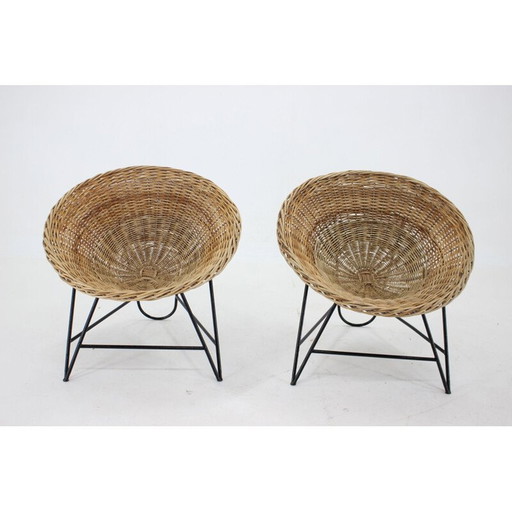 Paar vintage gevlochten rotan stoelen met haarspeldpoten, Duitsland 1960