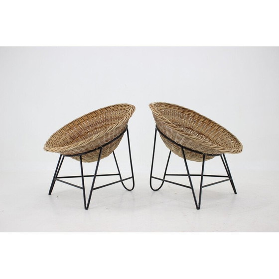 Image 1 of Paar vintage gevlochten rotan stoelen met haarspeldpoten, Duitsland 1960