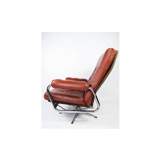Image 1 of Mid century fauteuil bekleed met rood leer en frame van metaal, deens 1960