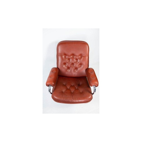 Image 1 of Mid century fauteuil bekleed met rood leer en frame van metaal, deens 1960