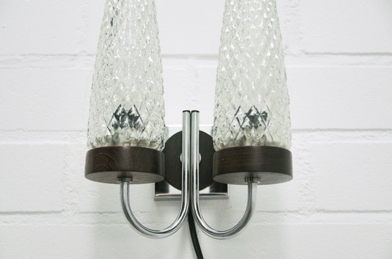 Image 1 of Chromen Vintage Wandlamp Glas & Hout