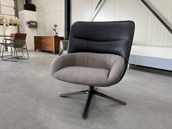 Image 1 of Leolux Hilco Fauteuil Blauw Leer Stof Draai Stoel