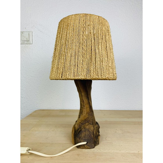 Image 1 of Vintage Brutalistische lamp in olijfhout en touw