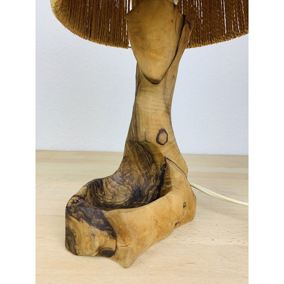 Image 1 of Vintage Brutalistische lamp in olijfhout en touw