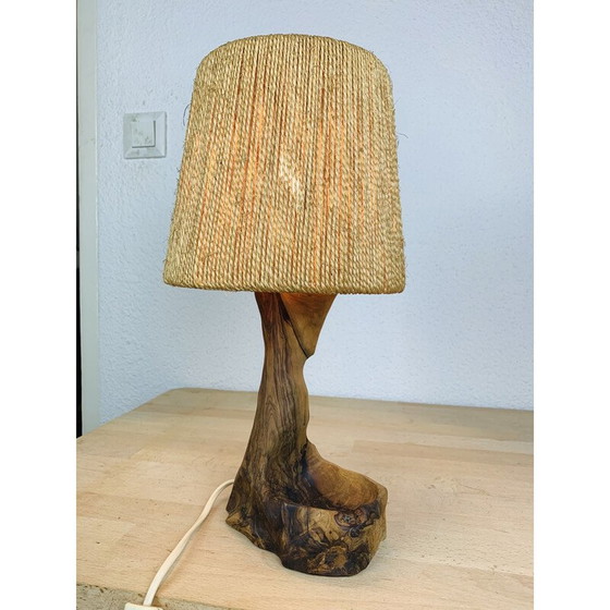 Image 1 of Vintage Brutalistische lamp in olijfhout en touw
