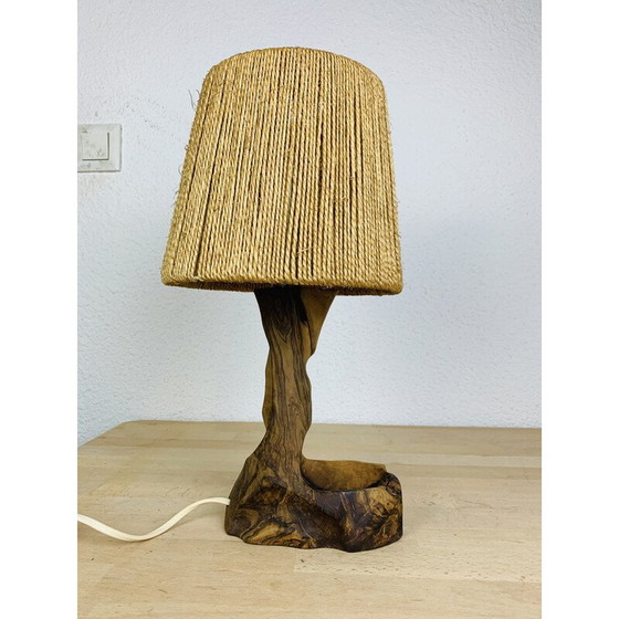 Image 1 of Vintage Brutalistische lamp in olijfhout en touw