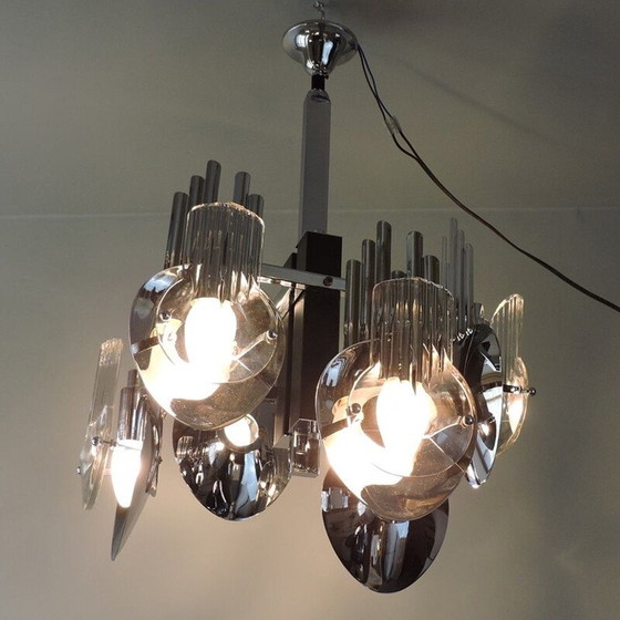 Image 1 of Vintage verchroomde metalen kroonluchter van Oscar Torlasco, 1970