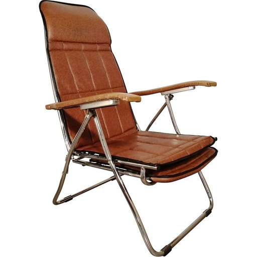 Vintage opklapbare fauteuil in bruin skai van Maule Marga, Italië 1970