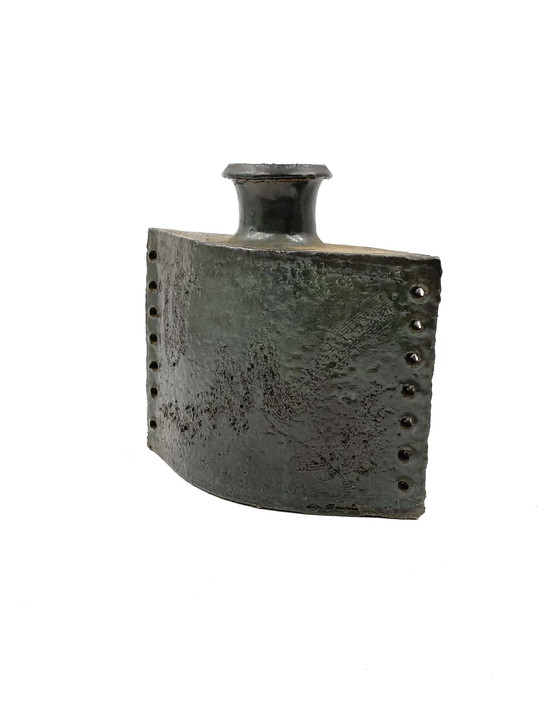 Image 1 of Donkergroene Brutalistische Keramische Vaas, Italië 1980S