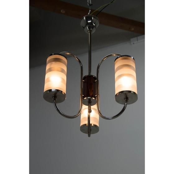 Image 1 of Vintage art deco kroonluchter van chroom met drie vlammen, Tsjecho-Slowakije 1930