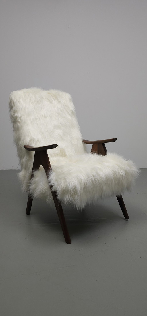 Vintage Teak 60'S Faux Fur Fauteuil