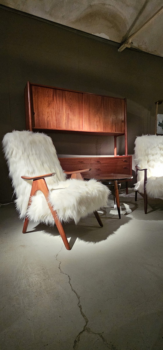Image 1 of Vintage Teak 60'S Faux Fur Fauteuil