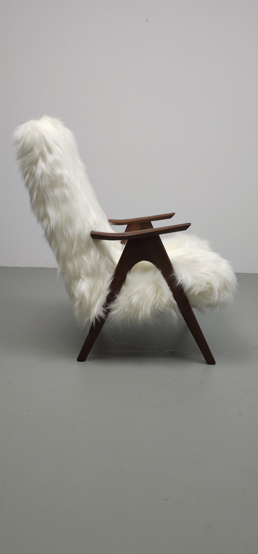 Vintage Teak 60'S Faux Fur Fauteuil