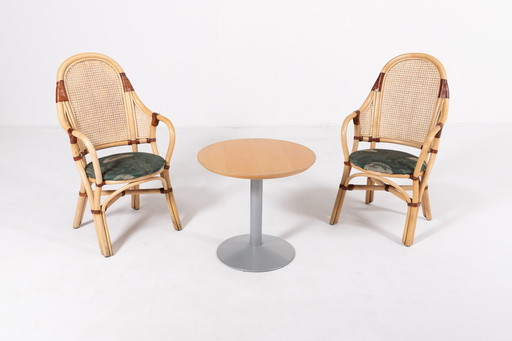 Set van 2 Vintage 1970's Rotan-Bamboe Binnen/Buiten Stoelen Met Tafel