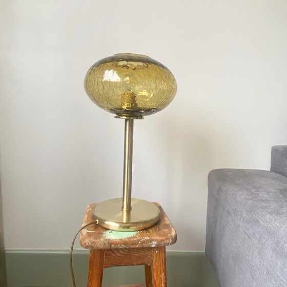 Image 1 of Grote Antieke Gekraakt Goud Glazen Lamp Met Messing Voet