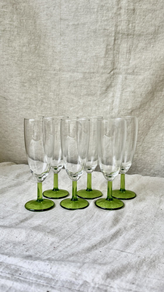 Image 1 of 6X Vintage Champagne Flute Met Groene Voet