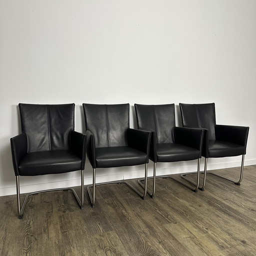 4X Luxe Bert Plantagie Eetkamerstoelen / Zwart Leder / Zgan