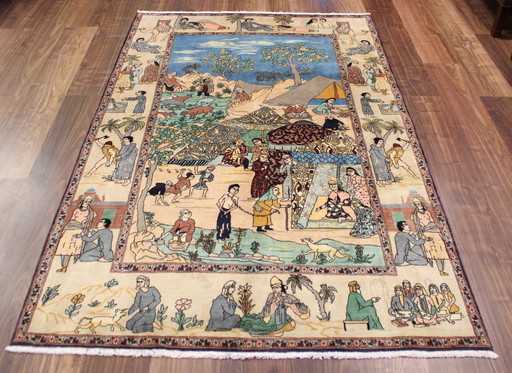 Origineel Tabriz Perzisch Tapijt Beeldmotieven Oud 218 X 137 Cm