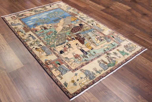 Origineel Tabriz Perzisch Tapijt Beeldmotieven Oud 218 X 137 Cm