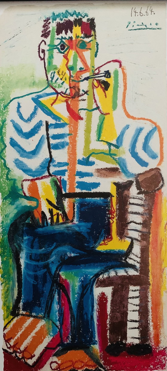 Image 1 of Picasso: "Le Fuemer, 1964 (Le Fumeur Assis)" 2019, Including Frame. Authorized Offset Colour Lithograph, Signed, High Quality.