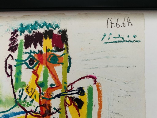 Picasso: "Le Fuemer, 1964 (Le Fumeur Assis)" 2019, Including Frame. Authorized Offset Colour Lithograph, Signed, High Quality.