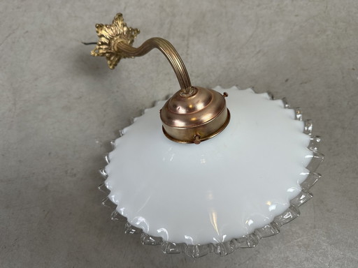 Antieke Wandlamp - Opaline Kraaglamp Met Brass Houder