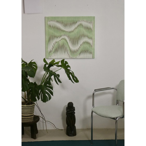 Image 1 of Vintage structuurschilderij met golfeffect door plooien lichtgroene kleur