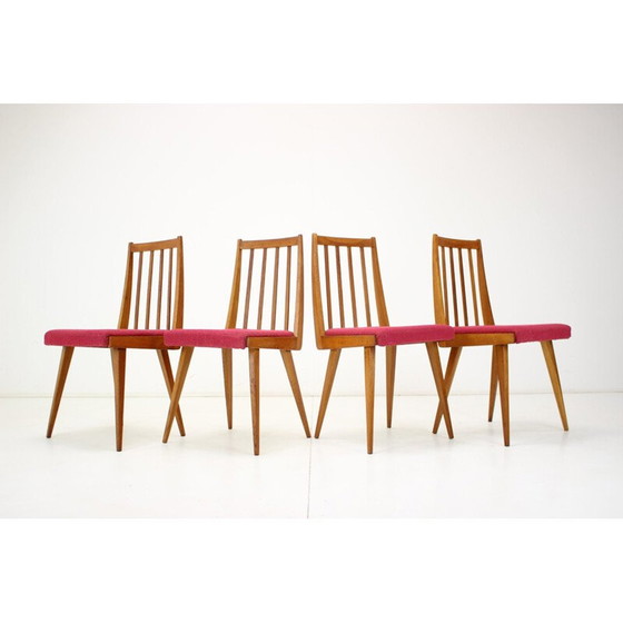 Image 1 of Set van 4 vintage stoelen van hout en stof, Tsjecho-Slowakije 1960