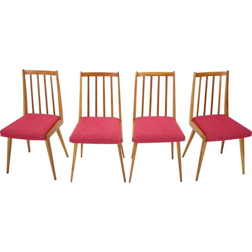 Set van 4 vintage stoelen van hout en stof, Tsjecho-Slowakije 1960