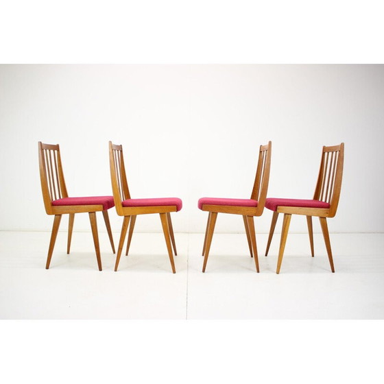 Image 1 of Set van 4 vintage stoelen van hout en stof, Tsjecho-Slowakije 1960