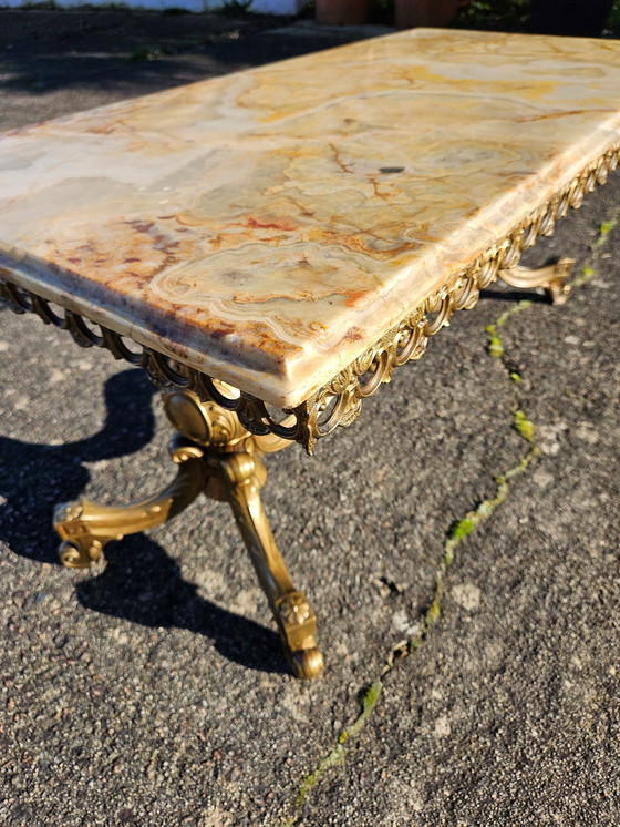 Image 1 of Franse Vintage Rechthoekige Onyx Marmer & Messing Salontafel-Kocktailtafel-Lounge Tafel-Rococostijl 60S