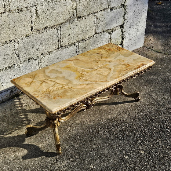 Image 1 of Franse Vintage Rechthoekige Onyx Marmer & Messing Salontafel-Kocktailtafel-Lounge Tafel-Rococostijl 60S