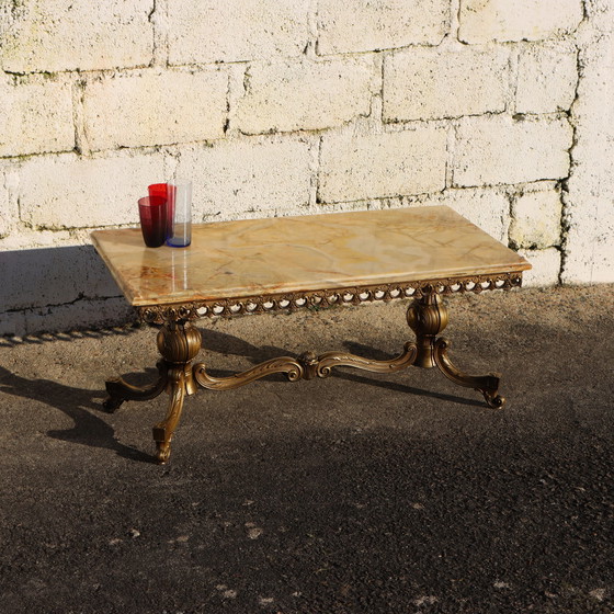 Image 1 of Franse Vintage Rechthoekige Onyx Marmer & Messing Salontafel-Kocktailtafel-Lounge Tafel-Rococostijl 60S