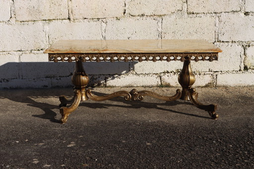 Franse Vintage Rechthoekige Onyx Marmer & Messing Salontafel-Kocktailtafel-Lounge Tafel-Rococostijl 60S